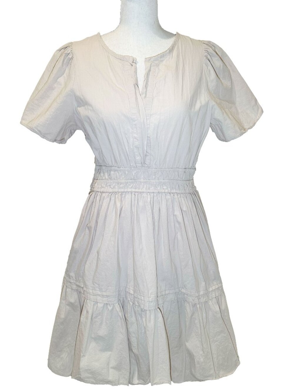 stitch drop beige short sleeve 100% cotton fitted waist mini dress